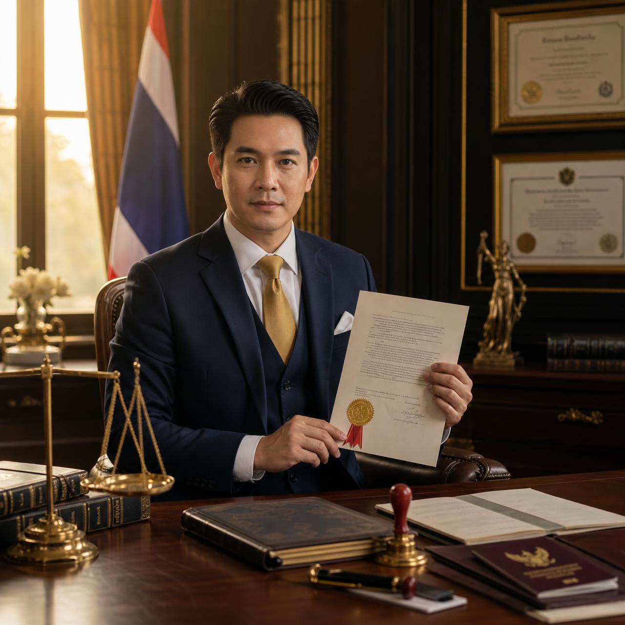 ทนาย Notary Public รับรองเอกสารพร้อมตราประทับทองคำและริบบิ้นแดง — Thai Notary Law & Service