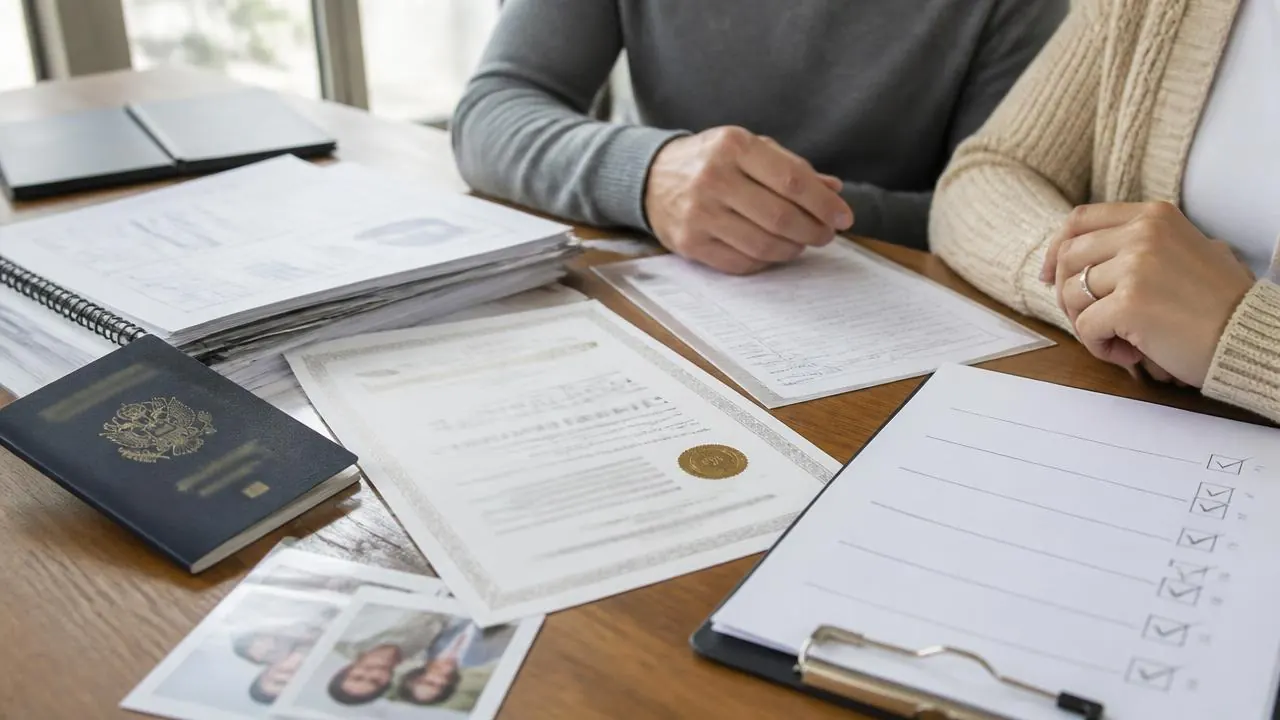 Reviewing a spouse-visa document checklist with marriage certificate, passport and financial evidence