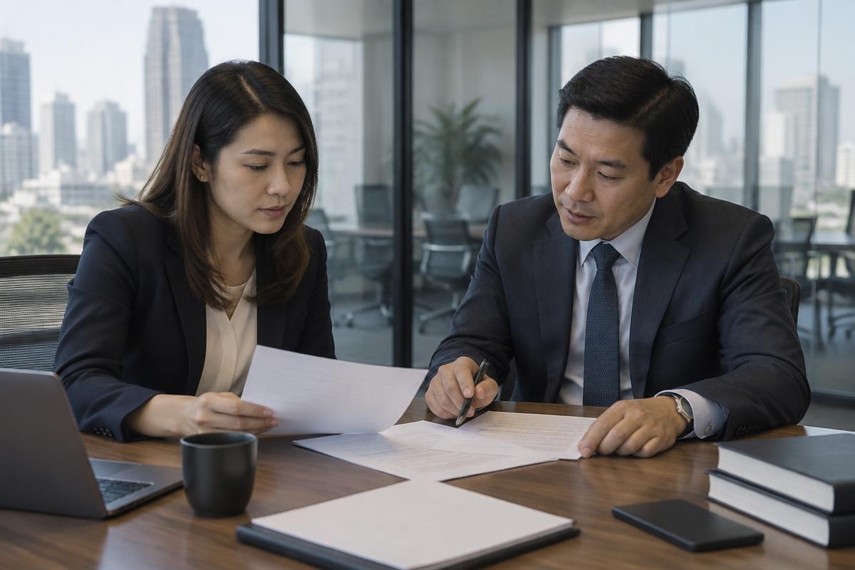 An employment lawyer reviewing contracts and work rules with an HR manager in an office