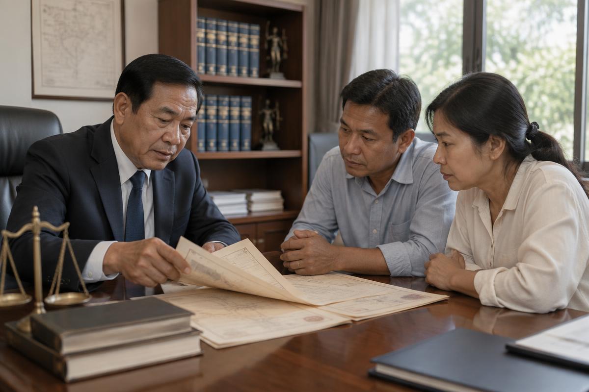A property lawyer examining a Thai land title deed and a survey plan on a desk