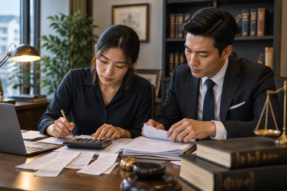 A tax lawyer reviewing financial statements and assessment correspondence at a desk